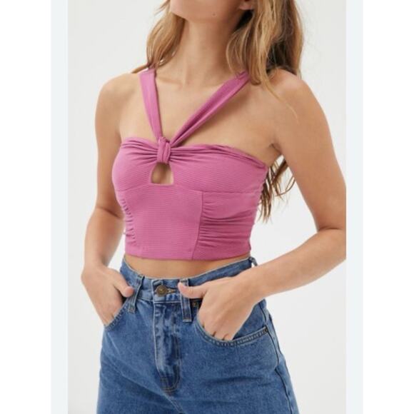 Urban Outfitters UO Midnight Halter Tank Top mauve pink cropped ribbed keyhole - Picture 1 of 8